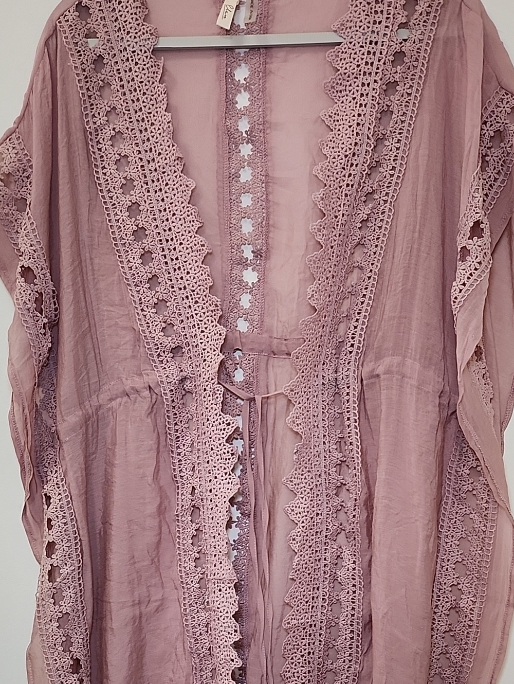 ELAN Women's Vivi crochet Cover Up tie front boho slouchy pink Mauve Lace Sz S - Picture 10 of 16